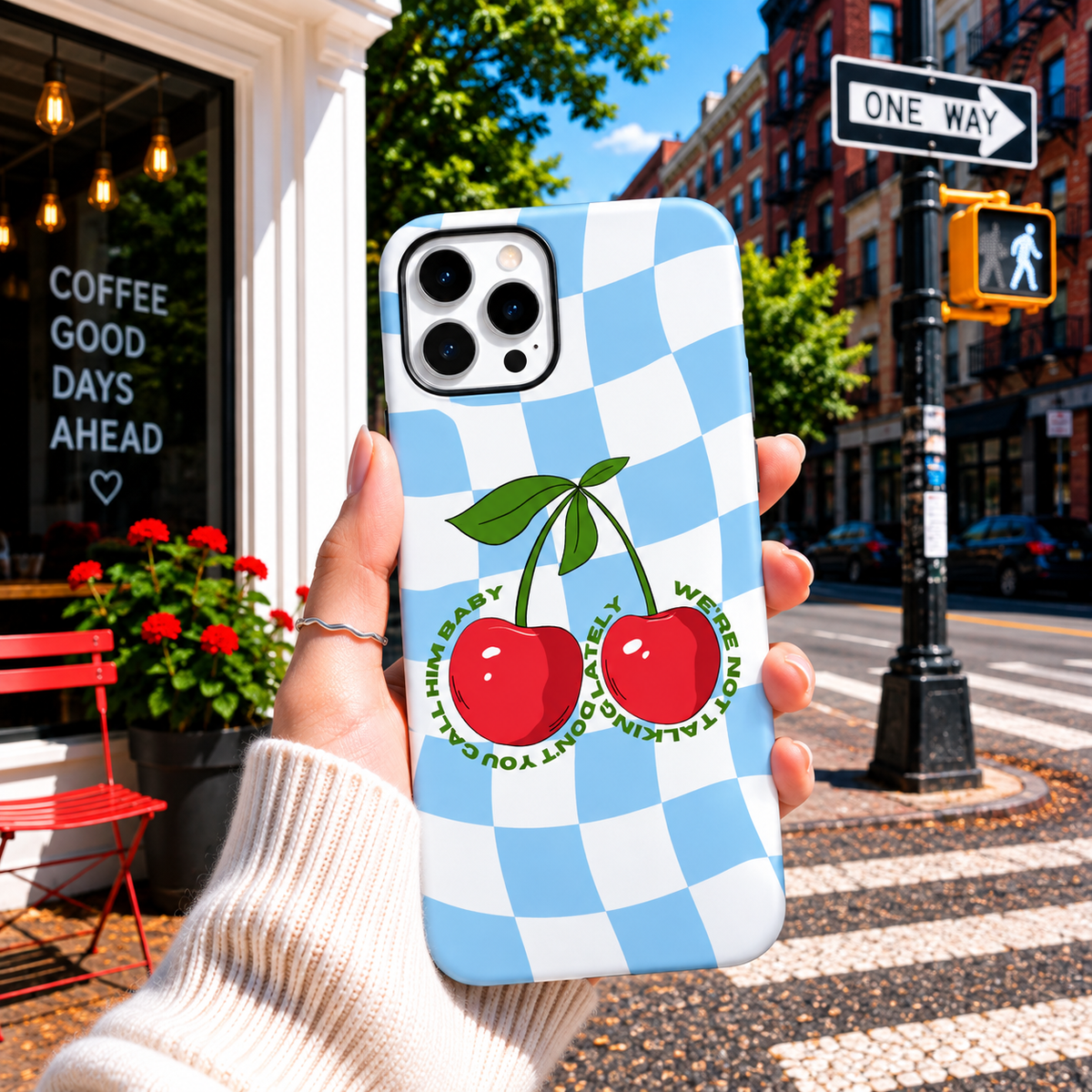Blue Cherry Checkered Mobile Cover